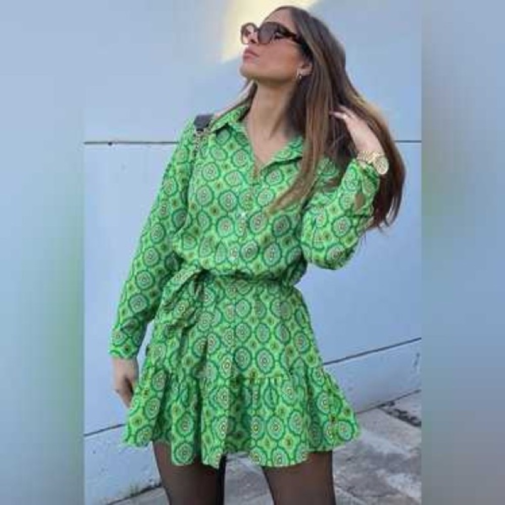 Zara geometric print belted flouncy dress medium green